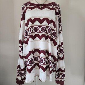 Vintage BIG BOSS Wine Burgundy & White Long Sleeve Chevron Print T-Shirt. MNS 2X